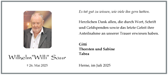 Traueranzeige von Wilhelm Saur von Tageszeitung