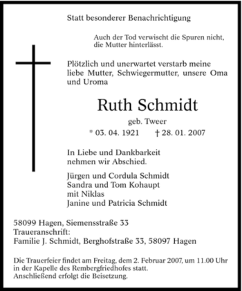 Traueranzeige von Ruth Schmidt von Tageszeitung