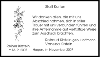 Traueranzeige von Reiner Kirstein von Tageszeitung