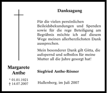 Traueranzeige von Margarete Anthe von Tageszeitung