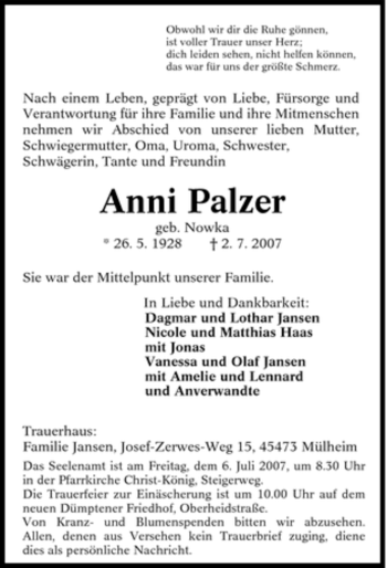 Traueranzeige von Anni Palzer von Tageszeitung