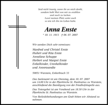 Traueranzeige von Anna Enste von Tageszeitung