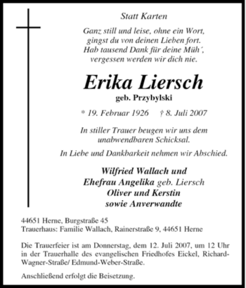 Traueranzeige von Erika Liersch von Tageszeitung