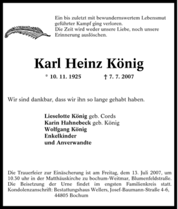 Traueranzeige von Karl Heinz König von Tageszeitung