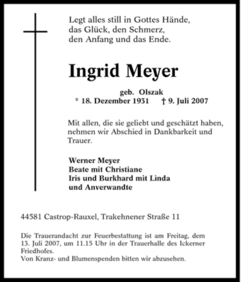 Traueranzeige von Ingrid Meyer von Tageszeitung