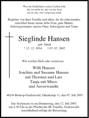 Traueranzeige von Sieglinde Hansen von Tageszeitung