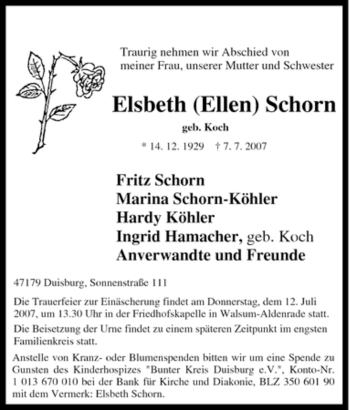 Traueranzeige von Elsbeth Schorn von Tageszeitung