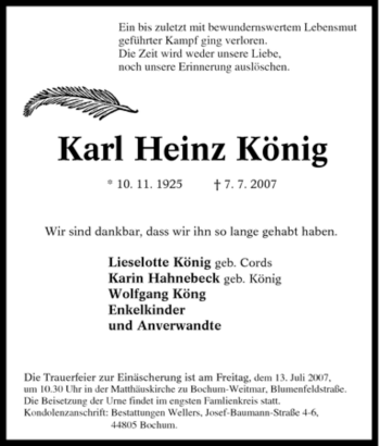 Traueranzeige von Karl Heinz König von Tageszeitung