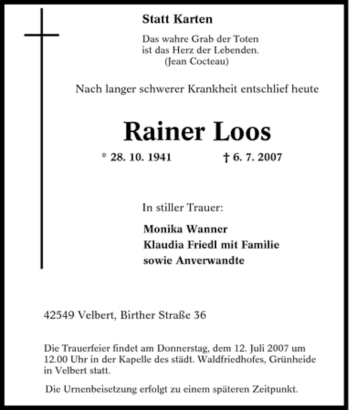 Traueranzeige von Rainer Loos von Tageszeitung
