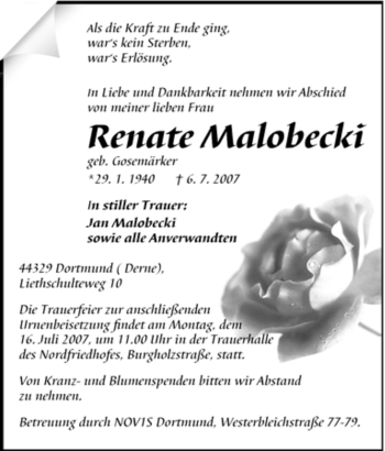Traueranzeige von Renate Malobecki von Tageszeitung