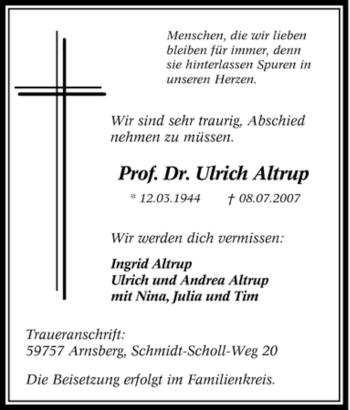 Traueranzeige von Ulrich Altrup von Tageszeitung