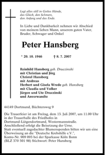 Traueranzeige von Peter Hansberg von Tageszeitung