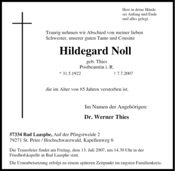 Traueranzeige von Hildegard Noll von Tageszeitung