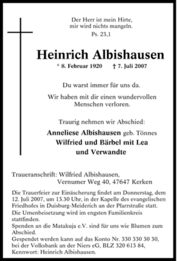 Traueranzeige von Heinrich Albishausen von Tageszeitung