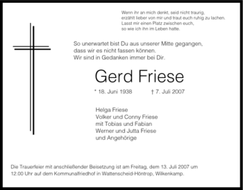 Traueranzeige von Gerd Friese von Tageszeitung