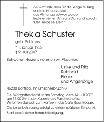 Traueranzeige von Thekla Schuster von Tageszeitung