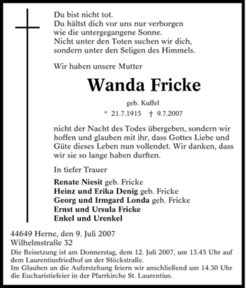 Traueranzeige von Wanda Fricke von Tageszeitung