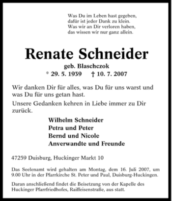 Traueranzeige von Renate Schneider von Tageszeitung