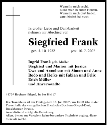 Traueranzeige von Siegfried Frank von Tageszeitung