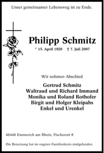 Traueranzeige von Philipp Schmitz von Tageszeitung