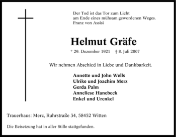 Traueranzeige von Helmut Gräfe von Tageszeitung
