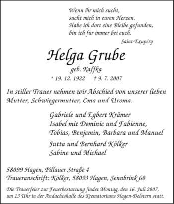 Traueranzeige von Helga Grube von Tageszeitung
