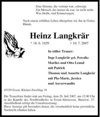 Traueranzeige von Heinz Langkrär von Tageszeitung