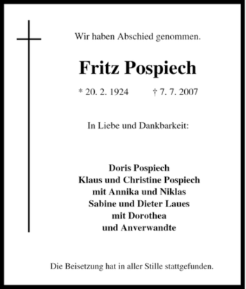 Traueranzeige von Fritz Pospiech von Tageszeitung
