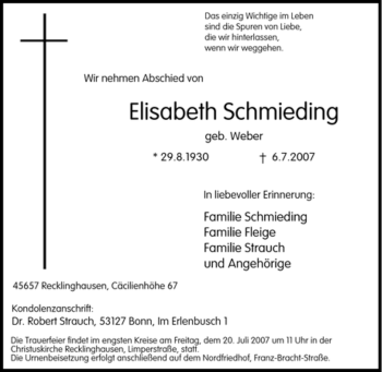 Traueranzeige von Elisabeth Schmieding von Tageszeitung