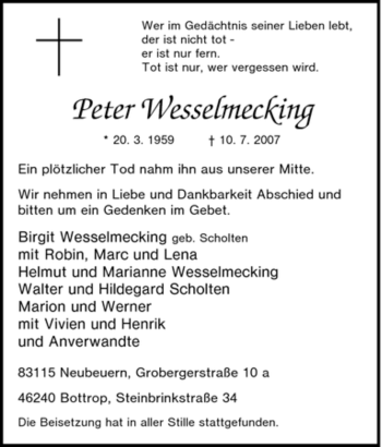 Traueranzeige von Peter Wesselmecking von Tageszeitung
