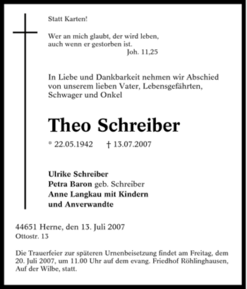 Traueranzeige von Theo Schreiber von Tageszeitung