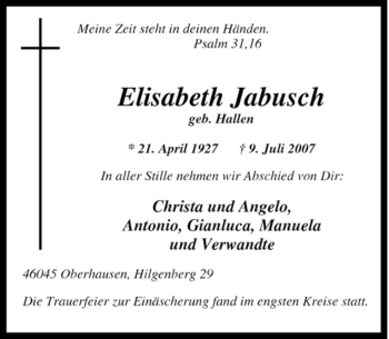 Traueranzeige von Elisabeth Jabusch von Tageszeitung
