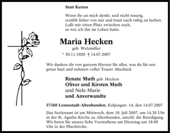 Traueranzeige von Maria Hecken von Tageszeitung