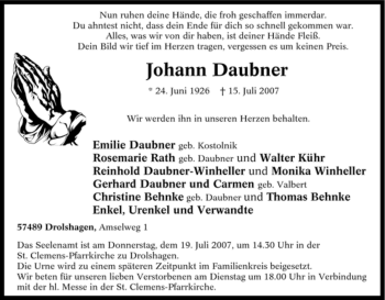 Traueranzeige von Johann Daubner von Tageszeitung