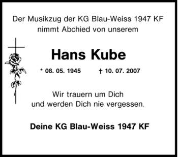 Traueranzeige von Hans Kube von Tageszeitung
