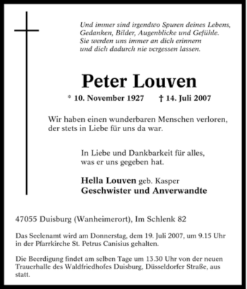 Traueranzeige von Peter Louven von Tageszeitung