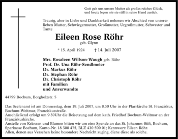 Traueranzeige von Eileen Rose Röhr von Tageszeitung