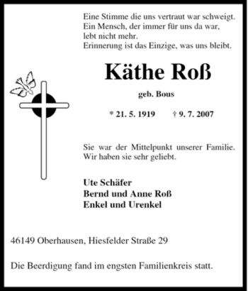 Traueranzeige von Käthe Roß von Tageszeitung