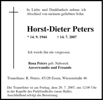 Traueranzeige von Horst-Dieter Peters von Tageszeitung