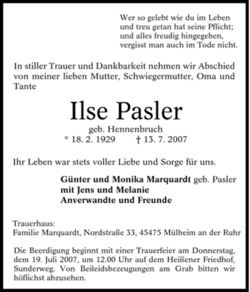Traueranzeige von Ilse Pasler von Tageszeitung