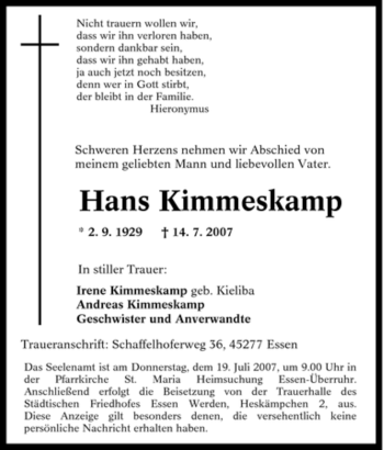 Traueranzeige von Hans Kimmeskamp von Tageszeitung