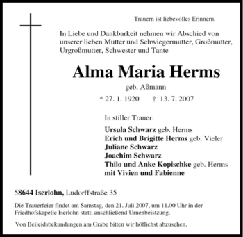 Traueranzeige von Alma Maria Herms von Tageszeitung