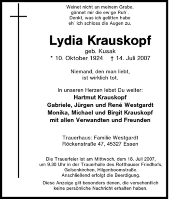 Traueranzeige von Lydia Krauskopf von Tageszeitung