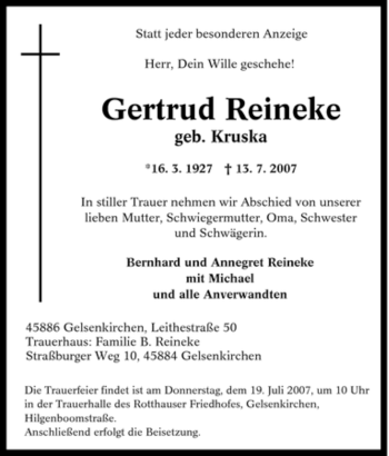 Traueranzeige von Gertrud Reineke von Tageszeitung