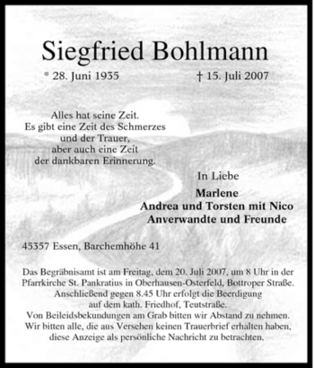 Traueranzeige von Siegfried Bohlmamm von Tageszeitung