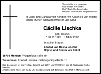 Traueranzeige von Cäcilie Lischka von Tageszeitung