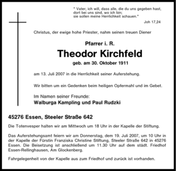 Traueranzeige von Theodor Kirchfeld von Tageszeitung