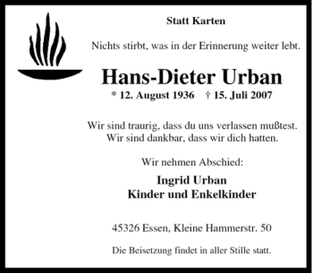 Traueranzeige von Hans-Dieter Urban von Tageszeitung