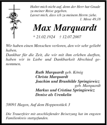 Traueranzeige von Max Marquardt von Tageszeitung