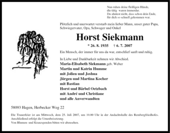 Traueranzeige von Horst Siekmann von Tageszeitung